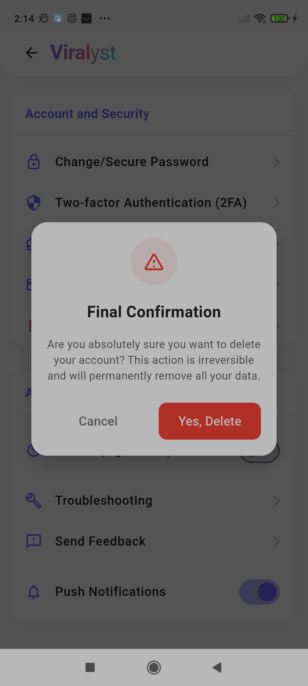 Schermata eliminazione account 1